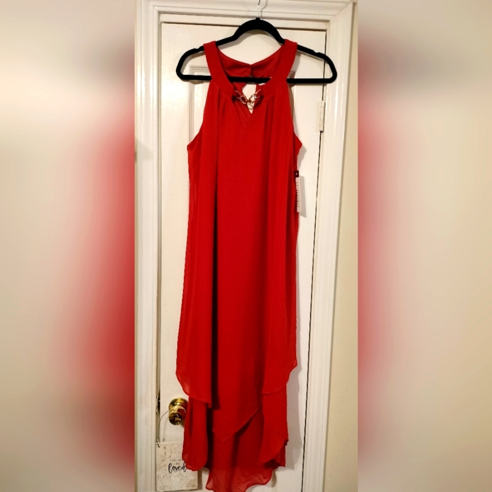 Red Luxology bejeweled keyhole flowing dress
